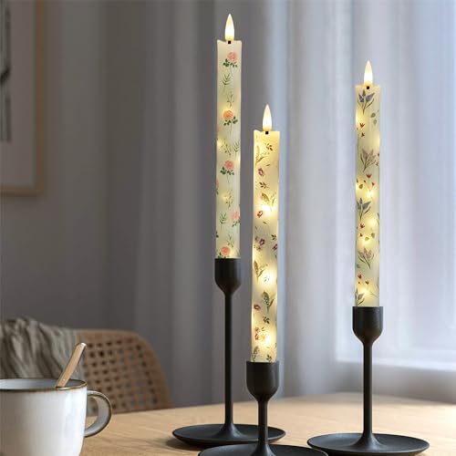 Image of Floral Candles Remote Candlesticks-10inches Timer Flickering Battery Operated Candle Chinoiserie LED Taper Candles Lights for Home Wedding Tea Party Windows Decor,3PCS-RFL