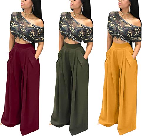 Lrosey Women Sexy High Waisted Pants Solid Color Wide Leg Flared Bell Bottom Pants Plus Size With Pockets Club #TOP1