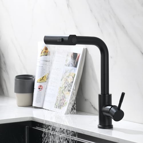 AIMADI Robinet de Cuisine Noir Élégant avec Flexibilité et 3 Jets - Robinet Évier Mitigeur à Poireau Pulvérisateur Extractible (Jet d'Eau, Cascade, Douche)