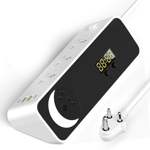 Image of BonKaso Power Strip Extension Board with 3 AC Outlets, 2 USB A & 2 Type C Ports, Digital Display Timer, Touch Night Light, Bedside Charging Station, Overload Protection, Compact Desktop Power Hub White