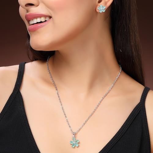 Image of ZENEME Rhodium Plated Silver Toned American Diamond Studded Floral Shaped Pendant Chain With Earrings Jewellery Set For Women And Girls
