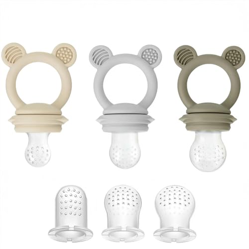 Image of PandaEar 3 Pack Baby Fruit & Food Feeder Pacifier, Silicone Feeder Pacifier with 3 Sizes Pouches for Babies Toddlers Infants Kids, BPA-Free Food Grade Soft Safe (Tan/Grey/Brown)
