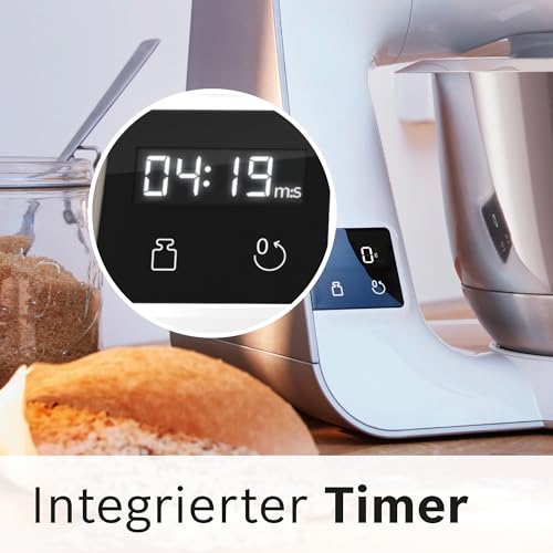 Bosch Küchenmaschine Serie 4, integrierte Waage, Mixer 1,25 L, Edelstahl-Schüssel 3,9 L, Profi-Knethaken, Schnee-, Silikonbesen, Durchlaufschnitzler, 4 Scheiben, 1000 W, weiß, MUM5XW20