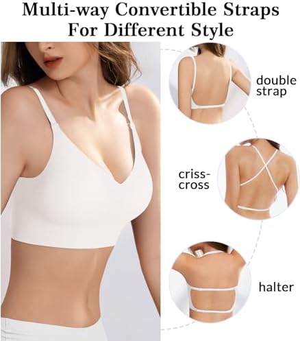Seamless Low Back Bra Wireless Padded Bralette Thin Straps Comfort Halter Backless Cross Multiway Convertible Bras, White, XL
