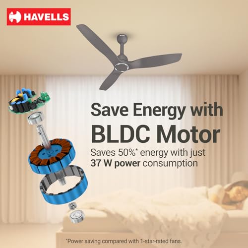 Image of Havells Stealth Slim BLDC 1200 mm Ceiling Fan | Remote Controlled, High Air Delivery Fan | 5 Star Rated, Upto 50% Energy Saving, Reverse Rotation, 2 Year Brand Warranty | (Pack of 1, Stone Grey)