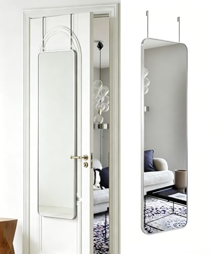 DMWOODFL 48"x14" Rounded Rectangle Over The Door Mirror - Full Length Tempered Glass & Aluminum Frame, No Drill Installation for Bedroom, Bathroom, Closet, Entryway (Silver White)
