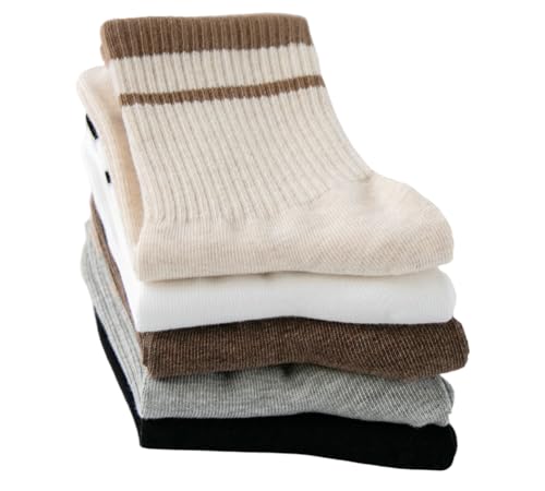 Image of Deeorla Womens Striped Crew Socks Brown Vintage Retro Athletic Socks 5 Pairs