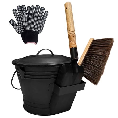 Seau à cendres avec couvercle, seau à cendres de cheminée avec pelle, balai main et gants, métal pour cheminée, foyer, poêle bois
