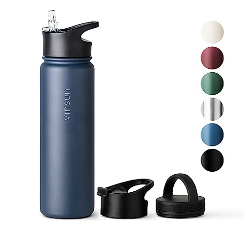 VINSUN Botella de Agua Acero Inoxidable 750ml - 3 Tapas - sin Fugas, sin BPA, Reutilizable - Cantimplora Termica para Deporte, Colegio, Gimnasio, Bicicleta, Oficina