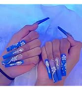 Press on Nails Extra Long Coffin Blue False Nails Full Cover Matte Fake Nails with Rhinestones an...