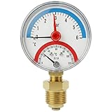 Lumonic Thermomanometer 6bar 0-120°C | 1/4 + 1/2 Zoll (Adapter) | Anschluss unten | Ø 63mm, große Skala | Heizung Manometer | Metallgehäuse