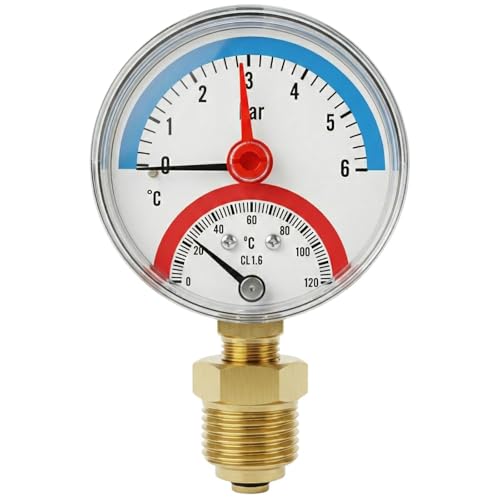 Lumonic Thermomanometer 6bar 0-120°C | 1/4 + 1/2 Zoll (Adapter) | Anschluss unten | Ø 63mm, große Skala | Heizung Manometer | Metallgehäuse