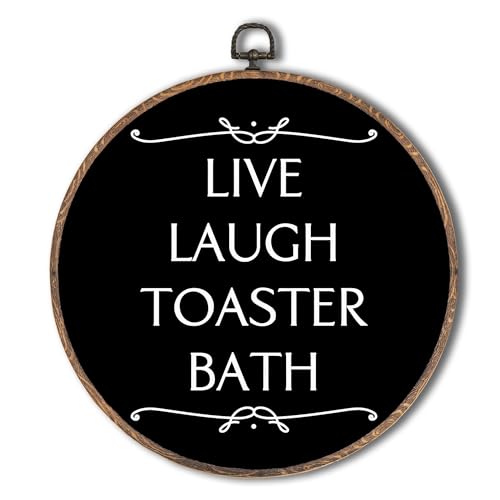 Tzhim Funny Bathroom Round Wall Art, Live Laugh Toaster Bath Round Wall Decor Framed, Funny Sarcastic Dark Humor Canvas Walls Sculptures for Home Bathroom Decor, 10x10 Inch