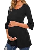 Ecavus Womens Casual Maternity Tops Striped Peplum 3/4 Ruffle Sleeve Shirt Ultra Soft Pregnancy Clothing Black