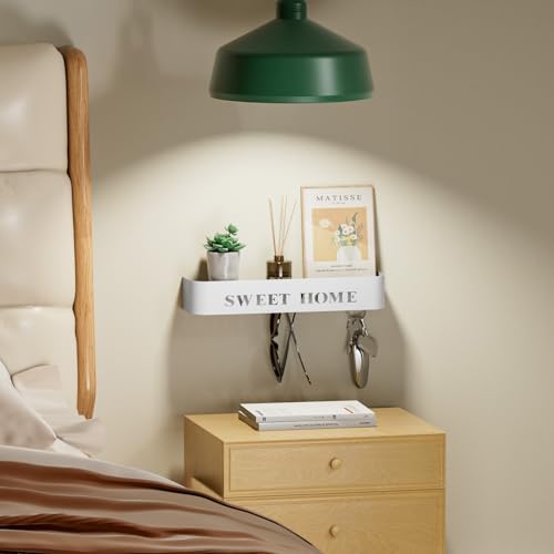 LOFTPLUS Schlüsselbrett mit Ablage Schlüsselboard Wand - Moderner Minimalistisches Schlüsselhalter, Metall Schlüsselablage mit 5 Verdeckten Wandhaken für Eingang, Flur, Küche, Wohnzimmer - Weiß