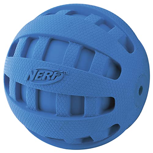 Nerf Dog Rubber Ball Dog Toy With Checkered Squeaker, Lightweight, Durable And Water Resistant, 4 Inch Diameter For Medium/Large Breeds, Single Unit, Blue #TOP4