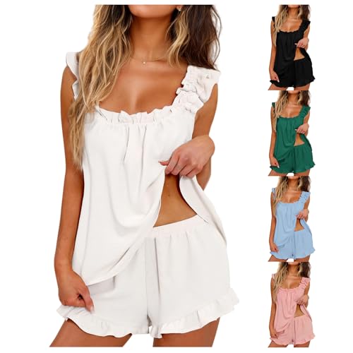 Women's Pajama Sets 2 Piece Lounge Sets Sexy Outfits Ruffle Trim Square Neck Top and Shorts Trendy Loungewear 2025