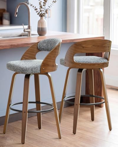 Image of AQG Swivel Bar stools Set of 2 Bar Chairs 26 inch Counter Height Mid-Century Modern Bentwood Barstool Faux Linen Upholstered Bar Chair with Back and Footrest, for Bar, Cafe, Dining, Kitchen Island, Gray