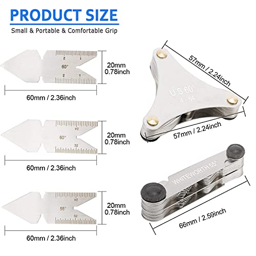 Toolly 5Pcs Stainless Steel Screw Thread Pitch Cutting Gauge Tool Set, 51Pcs America Sae Type + 52Pcs Metric & America Sae Type & British Whitworth + 3Pcs Center Gage #TOP1