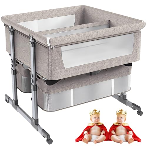 NELLN Cuna Portátil para Bebés Gemelos, Plegable, Ajustable En 6 Alturas, Inclinable, Bien Ventilada, con Colchón Y Espacio De Almacenamiento Khaki