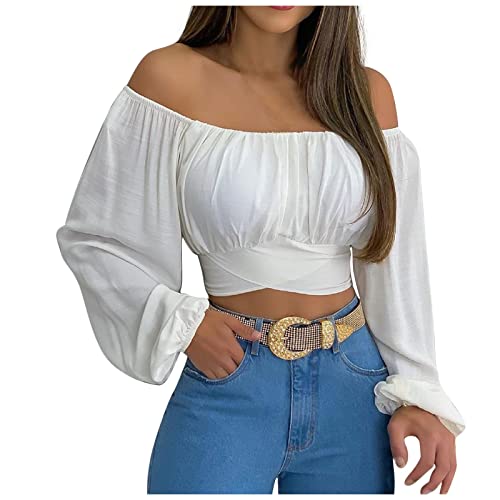 Off Shoulder Crop Top for Women Lantern Sleeve Waist Tie Blouse S-2XL