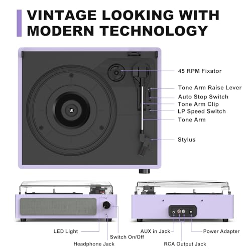 Image of Turntable Vinyl Record Players New Sleek Turn Tables with Speakers Belt-Driven All-in-one LP Phonograph 3-Speed Bluetooth Wireless Playback Headphone AUX RCA Auto Stop Pale Light Purple