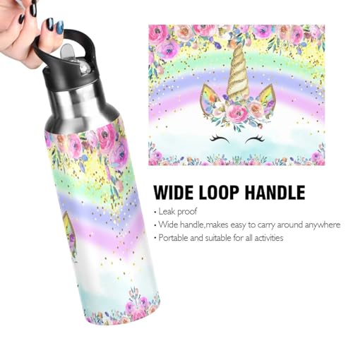 Unicorn Pink Water Bottle for Girls Kids Stainless Steel Drink Flask Straw Vacuum Insulated Leakproof for Sports 600 ml - Image 2