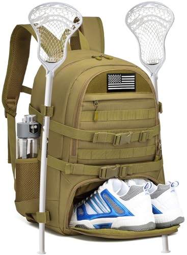 SLINRKE Lacrosse Bag with 2 Stick Holders Tactical Style Lacrosse Equipment Backpack with Separate Shoe Compartment for All Field Hockey Gear (Brown)