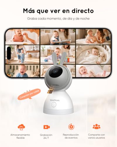 Miniatura 10 de Yesimom 5 2k 3mp Camara Vigilancia Bebe Con Pantalla Ips, Alerta Por Llanto En Monitor Y Móvil, Visión Nocturna Clara, 360 Giro Total, Control Dual, Wifi - Máxima Seguridad Para Tu Bebé Color Gris