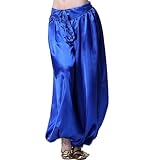 Baisdan Pantalones harén de satén para danza del vientre, pantalones de danza con cintura elástica para baile tribal árabe, Halloween, carnaval, actuación, azul oscuro, Altoa única