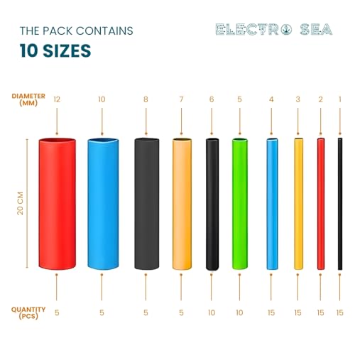 Image of ElectroSea Large 20 Cm Each Heat Shrink Tube Set, 100 Pieces Multicolor Polyolefin Tubing Kit, 1-12mm Assorted Sizes for Wire Protection, Cable Repair, Metal Insulation