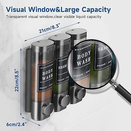 Image of Wall-Mounted 3-Chamber Shower Dispenser - Shampoo, Conditioner & Body Wash Holder - Refillable, Leak-Proof Bottles - Ideal for Bathroom, Hotel & Spa Use