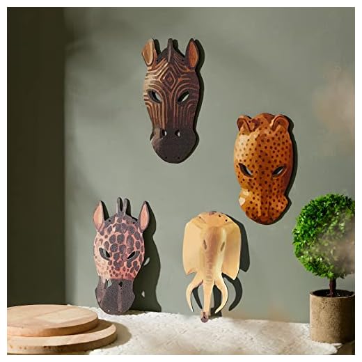 4 Pcs African Masks Wall Decor Animal Masks Plaque Living Room Plaque Mask African Wall Art Hanging Safari Decor Jungle African Masks Wall Decor for Bedroom Bathroom African Theme Party Decorations