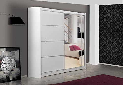 Kleiderschrank Vista mit Spiegel 180 cm, Schwebetürenschrank, Garderobeschrank Schlafzimmer; Wohnzimmerschrank; Korpus Schrank Farbe: Weiss; Farbe der Schrankfront: Weiss; Mehrzweckschrank