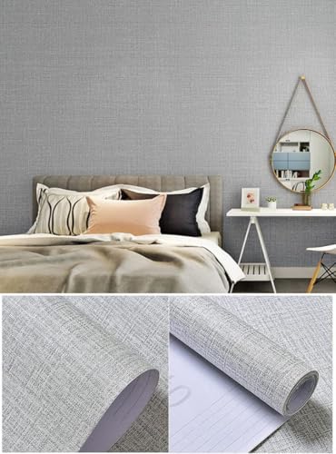 Fabric Peel and Stick Wallpaper Gray Faux Grasscloth Wall Paper Self-Adhesive 17.8” x 118” Linen Wallpapers Removable Wallpaper Embossed Textured Contact Paper Decoration Backsplash Countertop Liners