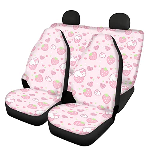 Image of Modysero Strawberry Print Pink Car Set Cover Full Set Durable Soft Front Rear Bench Seat Cover Set for Women Elastic Breathable Automotive Seat Protector Universal Fit All Cars Trucks