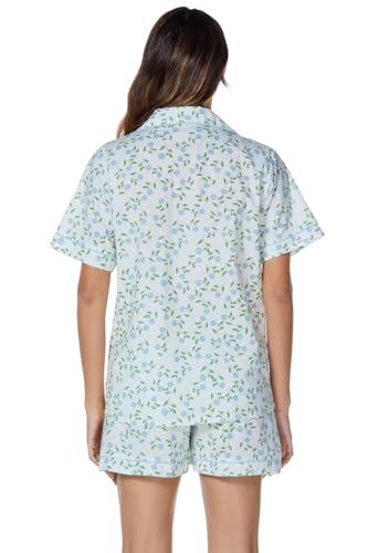 Image of LUBOT 100% Cotton Women's Pajamas Set Button-Down Two-piece PJ Set Short Sleeve Printed Patterned Summer Sleepwear Loungewear (Blue Blooms, XL)
