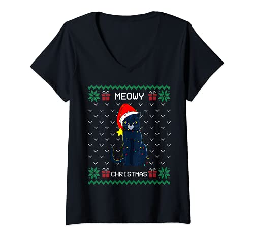 Femme Meowy Noël Moche Noël Pull Noir Chat Mignon Chaton Cadeau T-Shirt avec Col en V Cover