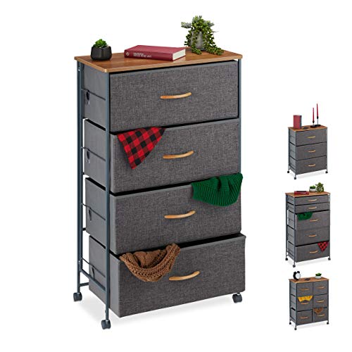 Relaxdays ladekast op wielen, 4 stoffen lades, mooie stoffen kast, blad in houtlook, HBD 93 x 58 x 30 cm, grijs