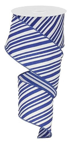 Royal Blue and White Diagonal Striped Wired Ribbon - 2 1/2" x 10 Yards, Christmas, Birthday, Wedding Decor, Police Support