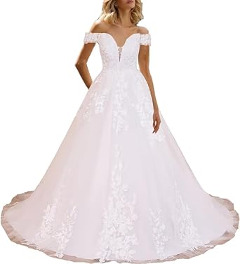 Princess Ball Gown Wedding Dress Off Shoulder Lace Applique Bride Dress lace up with Long Train BA-OF598