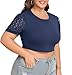 Lastshe Womens Plus Size Funny Crop Tops for Women Summer Lace Short Sleeve Basic Workout Shirts Beach Fashion Tees,Dark Blue,1X