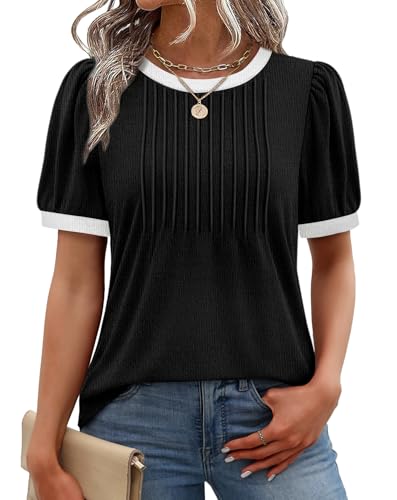 XIEERDUO Short Sleeve Sweaters for Women Spring Tunic Tops Fashion Clothing Round Neck Pleated Basic T Shirts Blouses Dressy Casual 2026 Black White Trim L