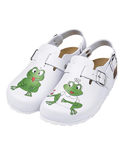 CLINIC DRESS Clog Clogs Damen mit Frosch-Motiv. Lustige Schuhe für Pflegekräfte, Ärzt:innen oder Krankenschwestern weiß, Frosch, 37