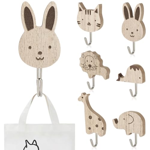 NUTKIT Lot de 6 crochets muraux autocollants en bois pour chambre d'enfant, chambre de bébé,...
