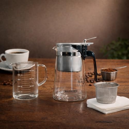 Image of Pour Over Coffee Maker Set, 304 Stainless Steel Coffee Dripper with On /Off Switch, Borosilicate Glass Small Coffee Pot, 50 Filter Papers, Multi-Functional Immersion Drip Cafe Brewer Machine (1, 250ml)