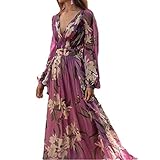 WXTRE Vestido Casual Vestido de Fiesta de Verano para Mujer, Manga Larga, Cuello en V, Estampado, Tipo Swing Grande, Moda Informal, Vestidos de Mujer morados Lavado a máquina