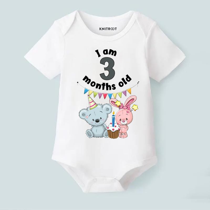 Image of KNITROOT Monthly Birthday Special Unisex Baby Romper Half Sleeve White Color