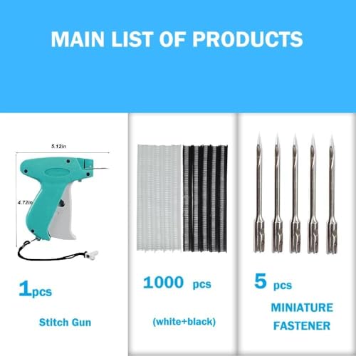 Nähpistole für Kleidung, Etikettierpistole für Kleidung, mit 2 feinen Nadeln, 1000 schwarzen und weißen Befestigungselementen, Schnellnähpistole, Etikettierpistole für Kleidung