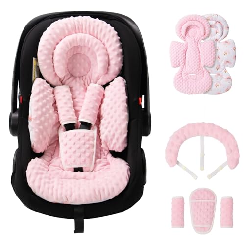 Image of TinlyFinly Infant Car Seat Insert with Extra Cushion for Preemie to Toddler, Reversible Newborn Carseat Insert for Baby Head Body Support, Fits for Stroller, Baby Swing, Bouncer - Dots, Pink